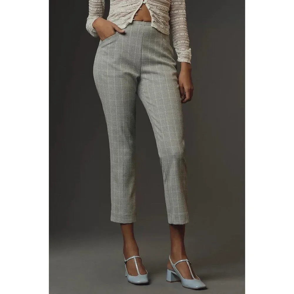 Anthropologie Skinny Trousers Grey Plaid Cropped Pants Women’s 6 TALL Pockets - Picture 2 of 13